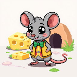 A cute pixel art rat character, designed in a whimsical style with exaggerated features