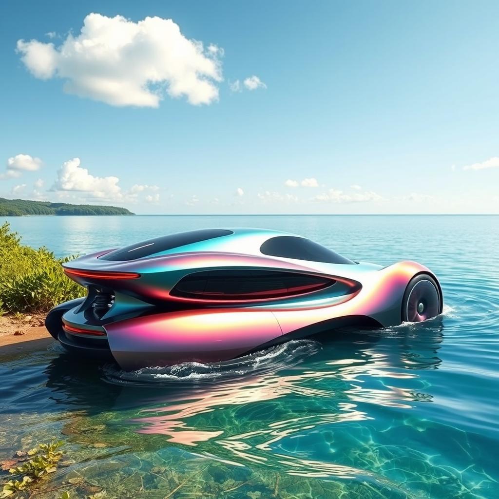 A futuristic amphibious vehicle seamlessly transitioning from land to water