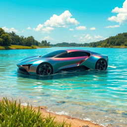 A futuristic amphibious vehicle seamlessly transitioning from land to water