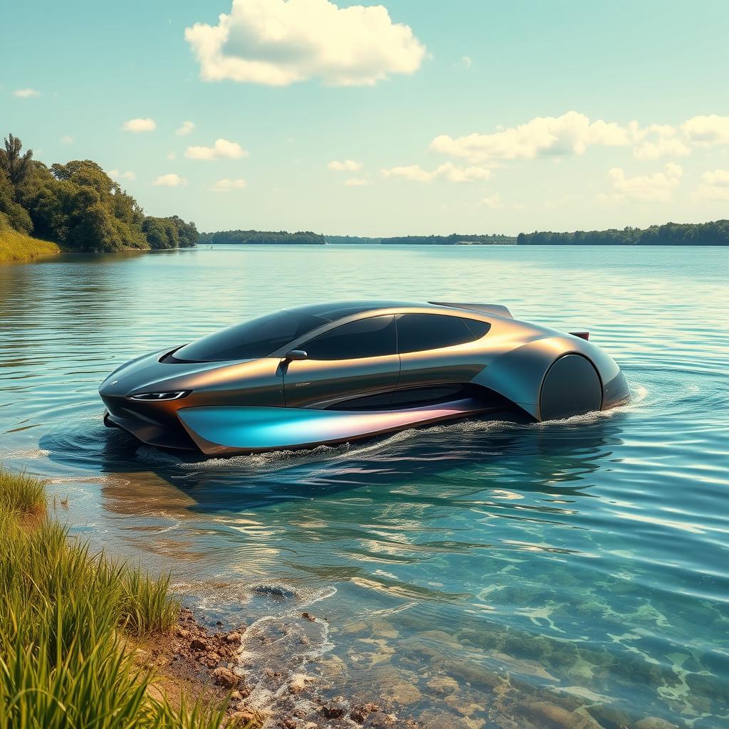 A futuristic amphibious vehicle seamlessly transitioning from land to water