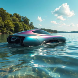 A futuristic amphibious vehicle seamlessly transitioning from land to water