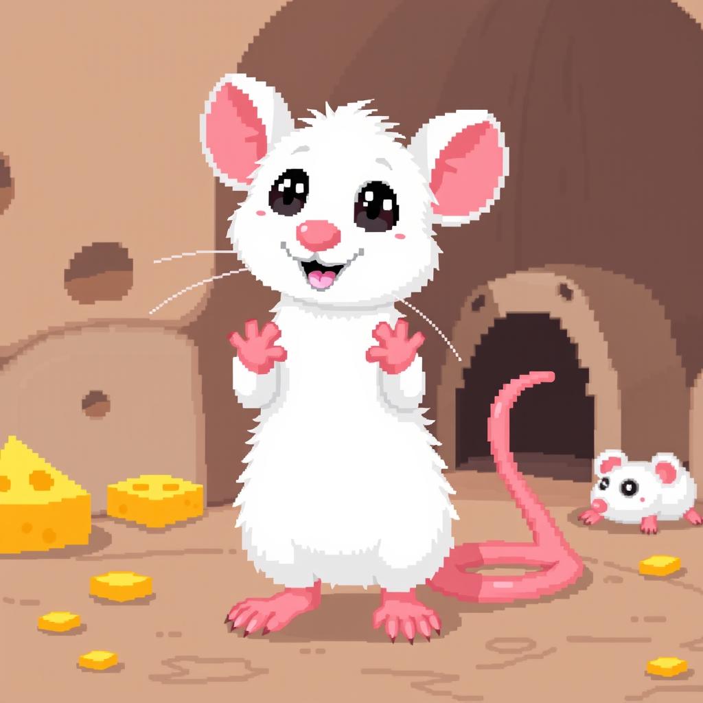 A charming pixel art white rat with pink paws, designed in a playful and cute style