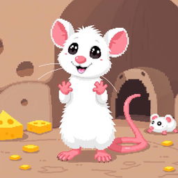 A charming pixel art white rat with pink paws, designed in a playful and cute style