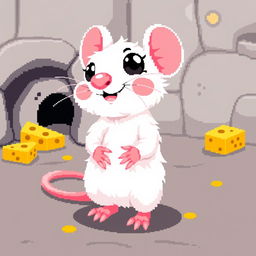 A charming pixel art white rat with pink paws, designed in a playful and cute style