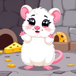 A charming pixel art white rat with pink paws, designed in a playful and cute style