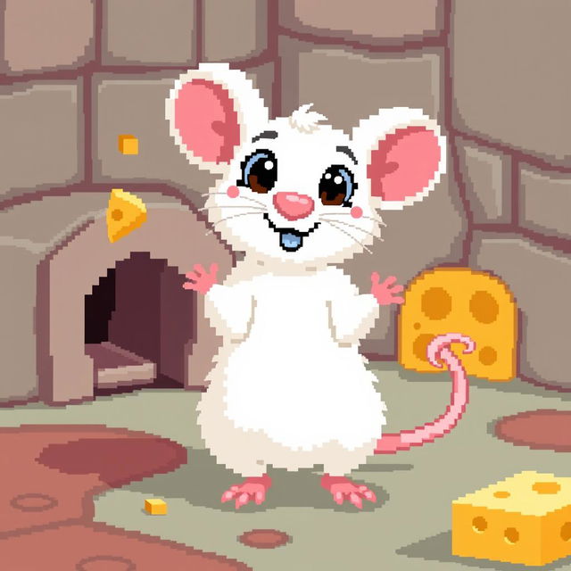 A charming pixel art white rat with pink paws, designed in a playful and cute style