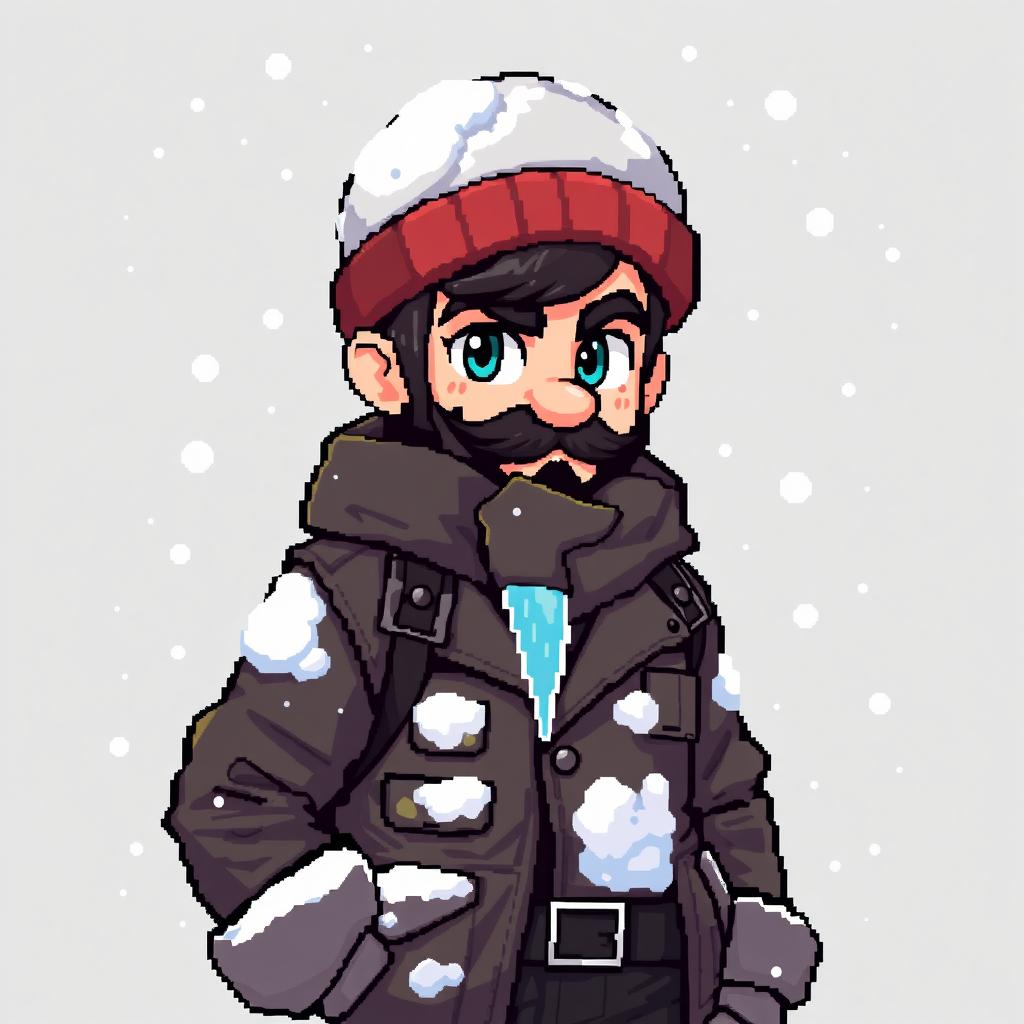 A 2D pixel character designed as a company worker, featuring a winter hat and a stylish leather jacket with a prominent icicle hanging from it