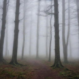 A mystical forest shrouded in thick, ethereal fog