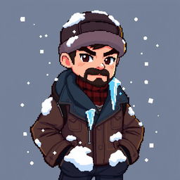 A 2D pixel character designed as a company worker, featuring a winter hat and a stylish leather jacket with a prominent icicle hanging from it