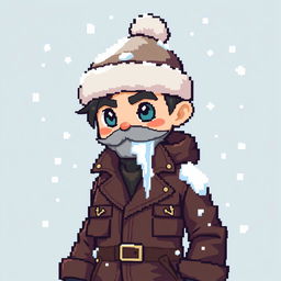 A 2D pixel character designed as a company worker, featuring a winter hat and a stylish leather jacket with a prominent icicle hanging from it