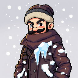 A 2D pixel character designed as a company worker, featuring a winter hat and a stylish leather jacket with a prominent icicle hanging from it