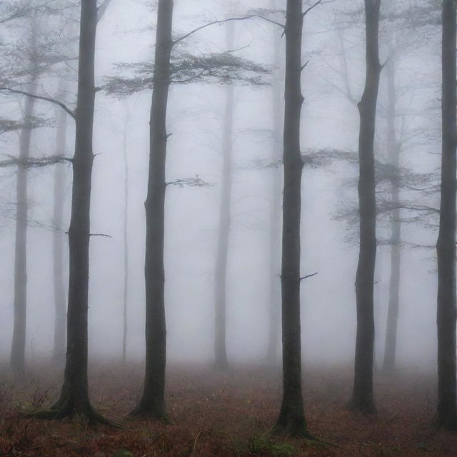 A mystical forest shrouded in thick, ethereal fog