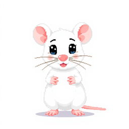 A pixel art representation of a cute white rat with pink paws, set against a clean white background