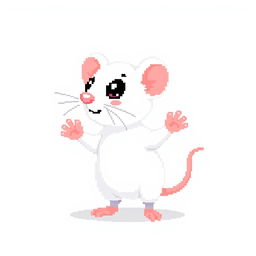 A pixel art representation of a cute white rat with pink paws, set against a clean white background