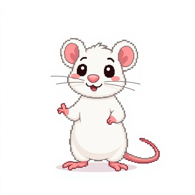 A pixel art representation of a cute white rat with pink paws, set against a clean white background