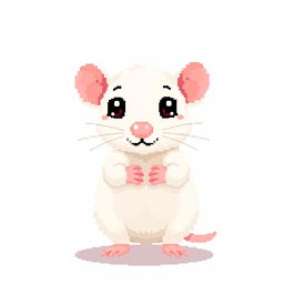 A pixel art representation of a cute white rat with pink paws, set against a clean white background