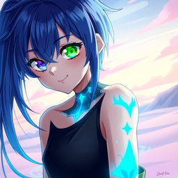 An anime-inspired teenage character featuring striking blue hair that cascades down in a stylish fashion