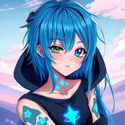 An anime-inspired teenage character featuring striking blue hair that cascades down in a stylish fashion