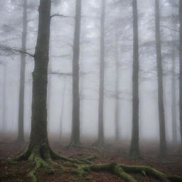 A mystical forest shrouded in thick, ethereal fog