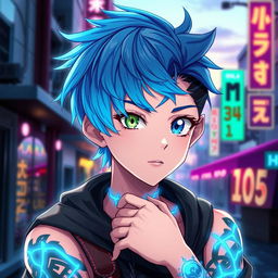 An anime-inspired teenage boy character featuring striking blue hair styled in a modern, edgy way