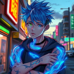 An anime-inspired teenage boy character featuring striking blue hair styled in a modern, edgy way