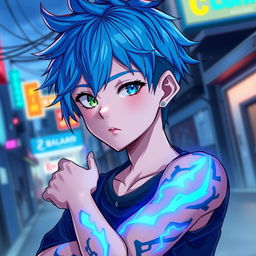 An anime-inspired teenage boy character featuring striking blue hair styled in a modern, edgy way