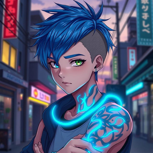 An anime-inspired teenage boy character featuring striking blue hair styled in a modern, edgy way