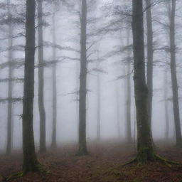 A mystical forest shrouded in thick, ethereal fog