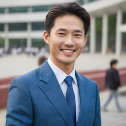 A well-dressed, charming Korean man with a friendly smile