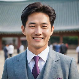 A well-dressed, charming Korean man with a friendly smile