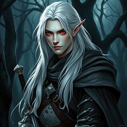 A half-elf rogue knight with striking features, showcasing his white skin and long flowing white hair