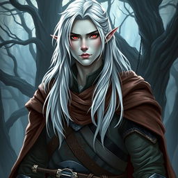 A half-elf rogue knight with striking features, showcasing his white skin and long flowing white hair