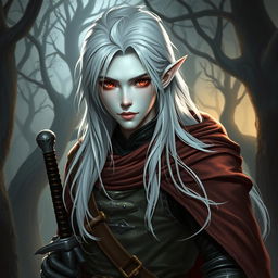 A half-elf rogue knight with striking features, showcasing his white skin and long flowing white hair