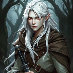 A half-elf rogue knight with striking features, showcasing his white skin and long flowing white hair