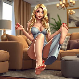 A sexy 19-year-old female character with long, silky blonde hair, slim figure with small feet and large breasts, casually relaxing at home