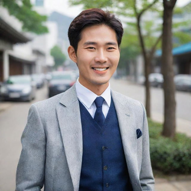 A well-dressed, charming Korean man with a friendly smile