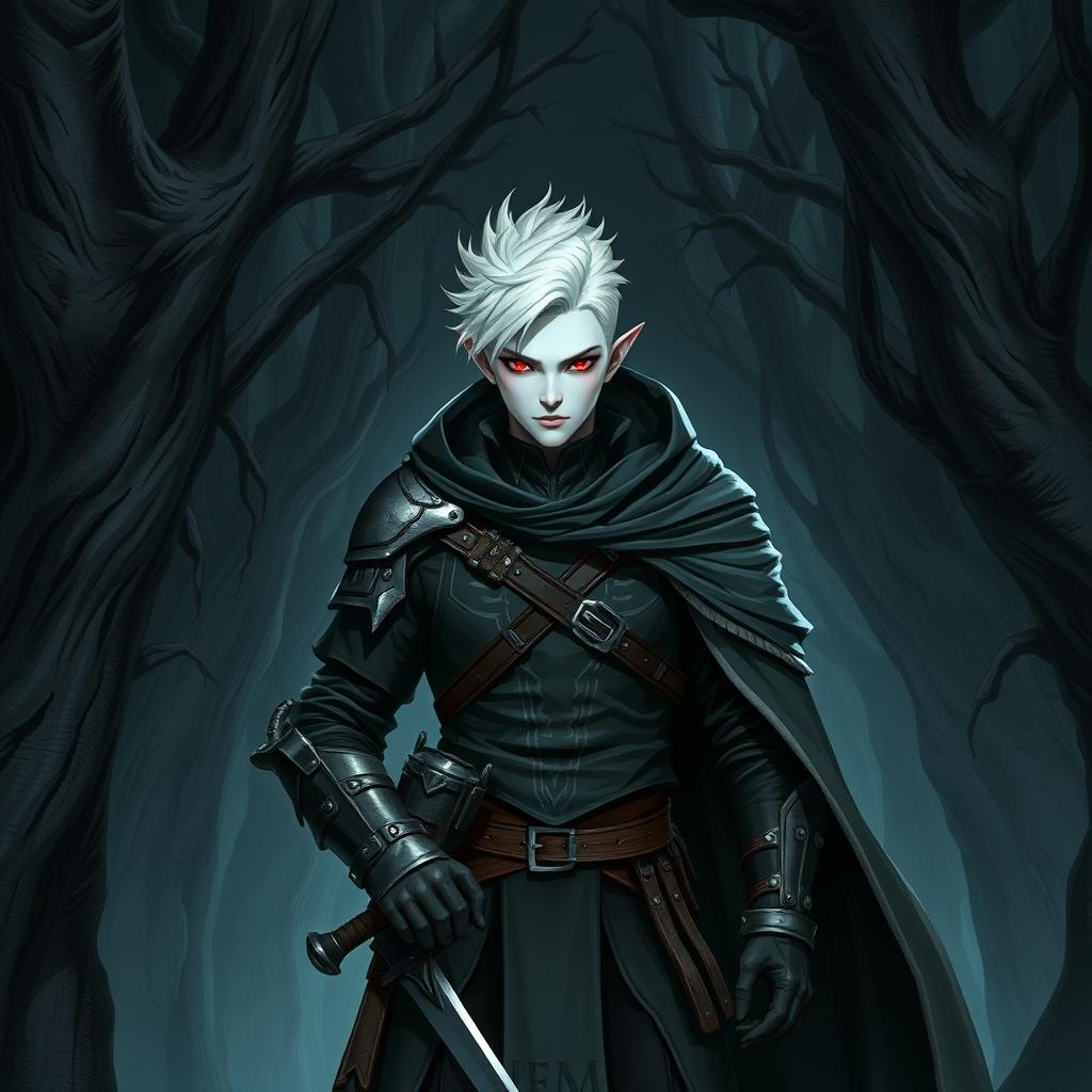 A half-elf rogue knight featuring short, stylish white hair and striking white skin