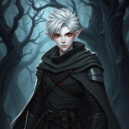 A half-elf rogue knight featuring short, stylish white hair and striking white skin