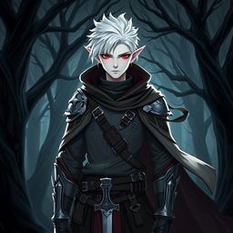 A half-elf rogue knight featuring short, stylish white hair and striking white skin