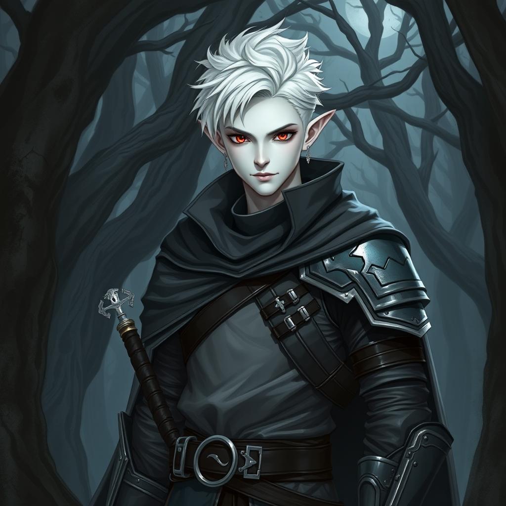 A half-elf rogue knight featuring short, stylish white hair and striking white skin