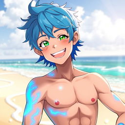 A cheerful, shirtless anime-inspired teenage boy character with vibrant blue hair styled in a carefree manner