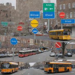 Generate a photomontage of a typical day in the life where the national language is prominently visible. The language is in use everywhere, from street signs and menus to public transportation and classroom instructions.