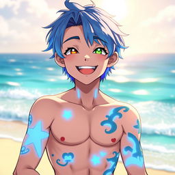 A cheerful, shirtless anime-inspired teenage boy character with vibrant blue hair styled in a carefree manner