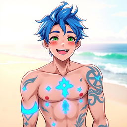 A cheerful, shirtless anime-inspired teenage boy character with vibrant blue hair styled in a carefree manner