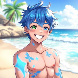 A cheerful, shirtless anime-inspired teenage boy character with vibrant blue hair styled in a carefree manner