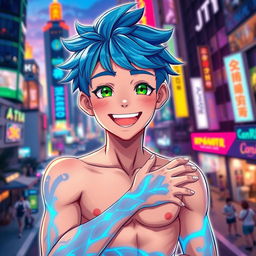 A cheerful, shirtless anime-inspired teenage boy character with striking blue hair styled in a fun, carefree manner