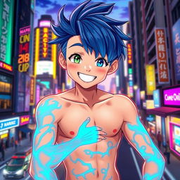 A cheerful, shirtless anime-inspired teenage boy character with striking blue hair styled in a fun, carefree manner