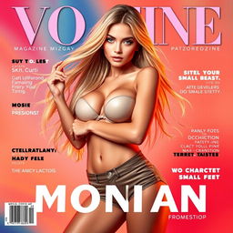 A striking 19-year-old female character with long, flowing blonde hair, a slim physique with small feet and large breasts, designed for a captivating magazine cover