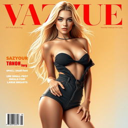 A striking 19-year-old female character with long, flowing blonde hair, a slim physique with small feet and large breasts, designed for a captivating magazine cover