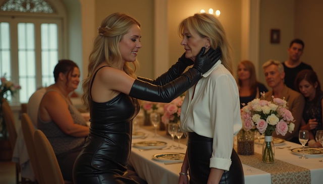 A tense wedding scene where a blond girl in a black short leather dress, thigh-high leather boots, and long leather opera gloves confronts her 61-year-old stepmother with a dramatic face slap, embodying a moment of intense emotion